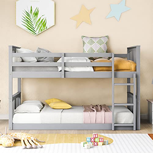 Gray Solid Wood Twin over Twin Bunk Bed with Ladder and Guard Rail V9137