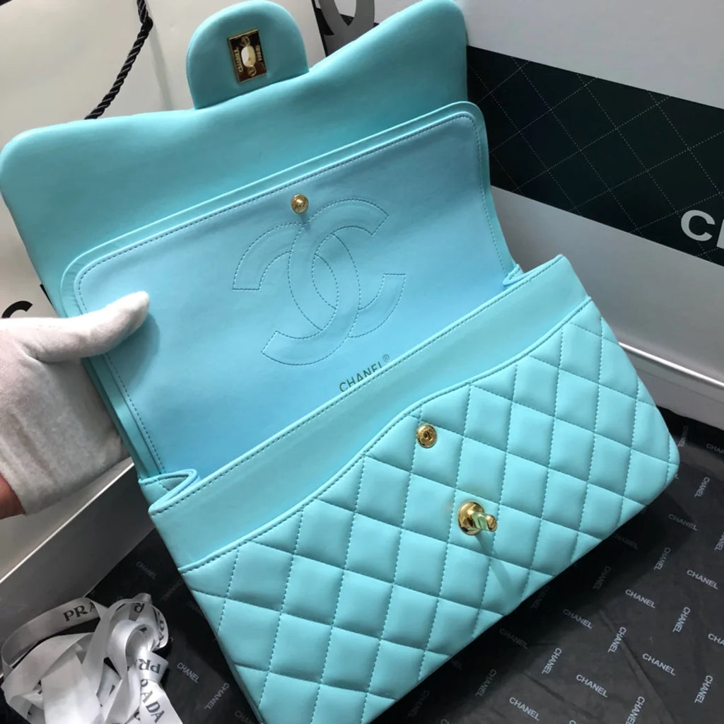 Large Classic Handbag Gold Hardware Blue 11.8in/30cm P628