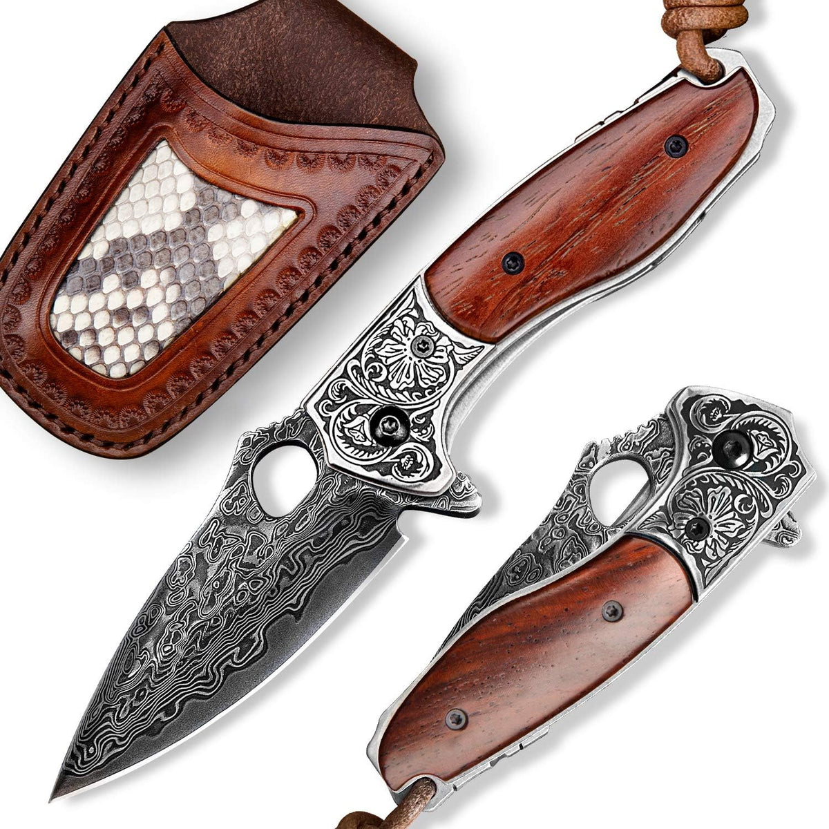 2.5in VG10 Damascus Steel Folding Pocket Knife with Rosewood Handle O3232