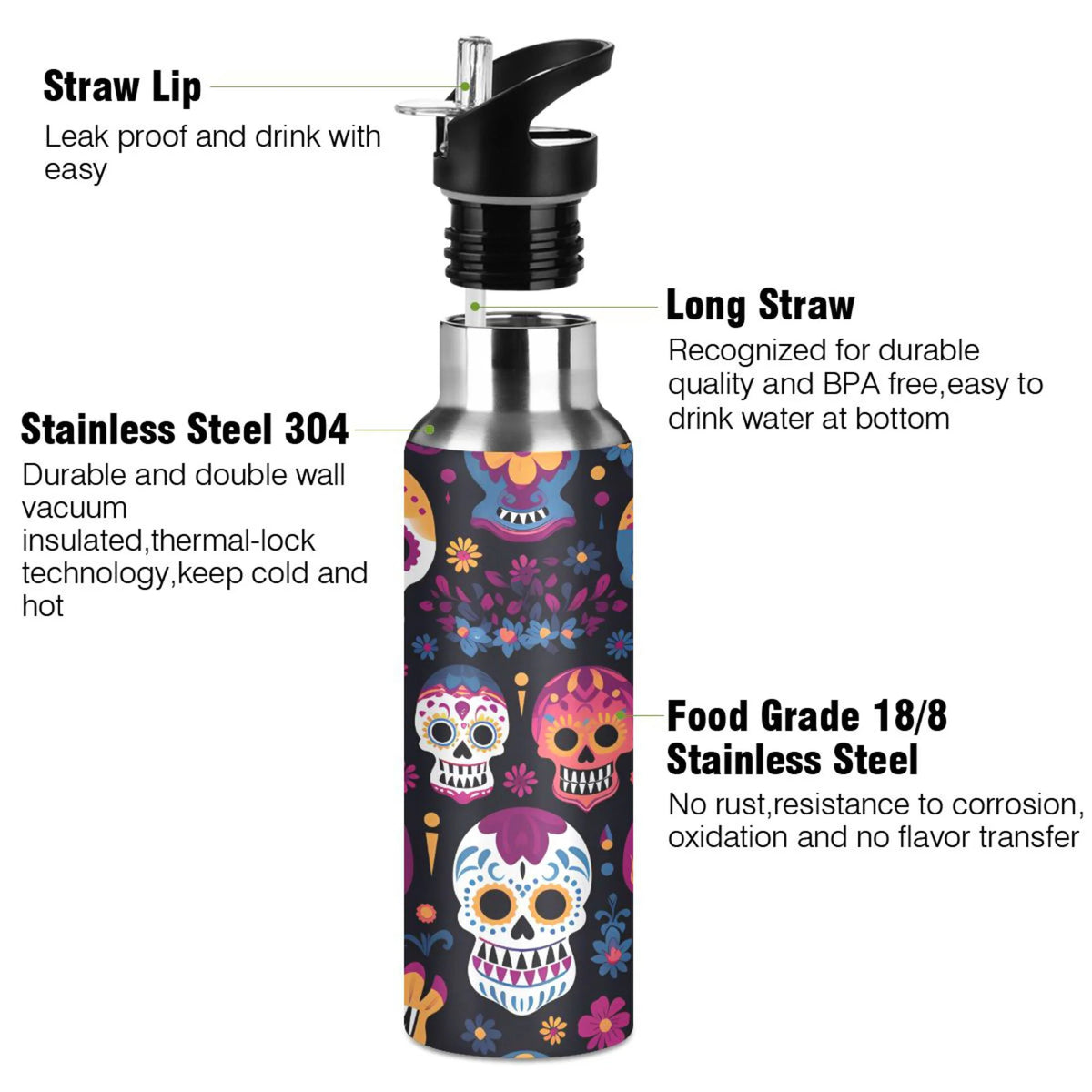 Colorful Skeletons Skulls Stainless Steel Insulated Water Bottle with Straw Lid D632057