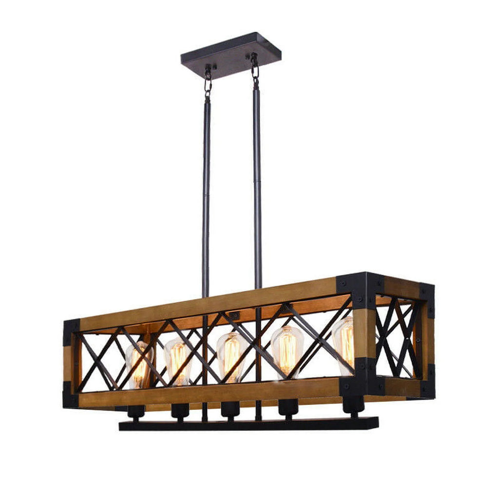 5-Lights Wooden Rectangle Pendant Light Fixture E62603