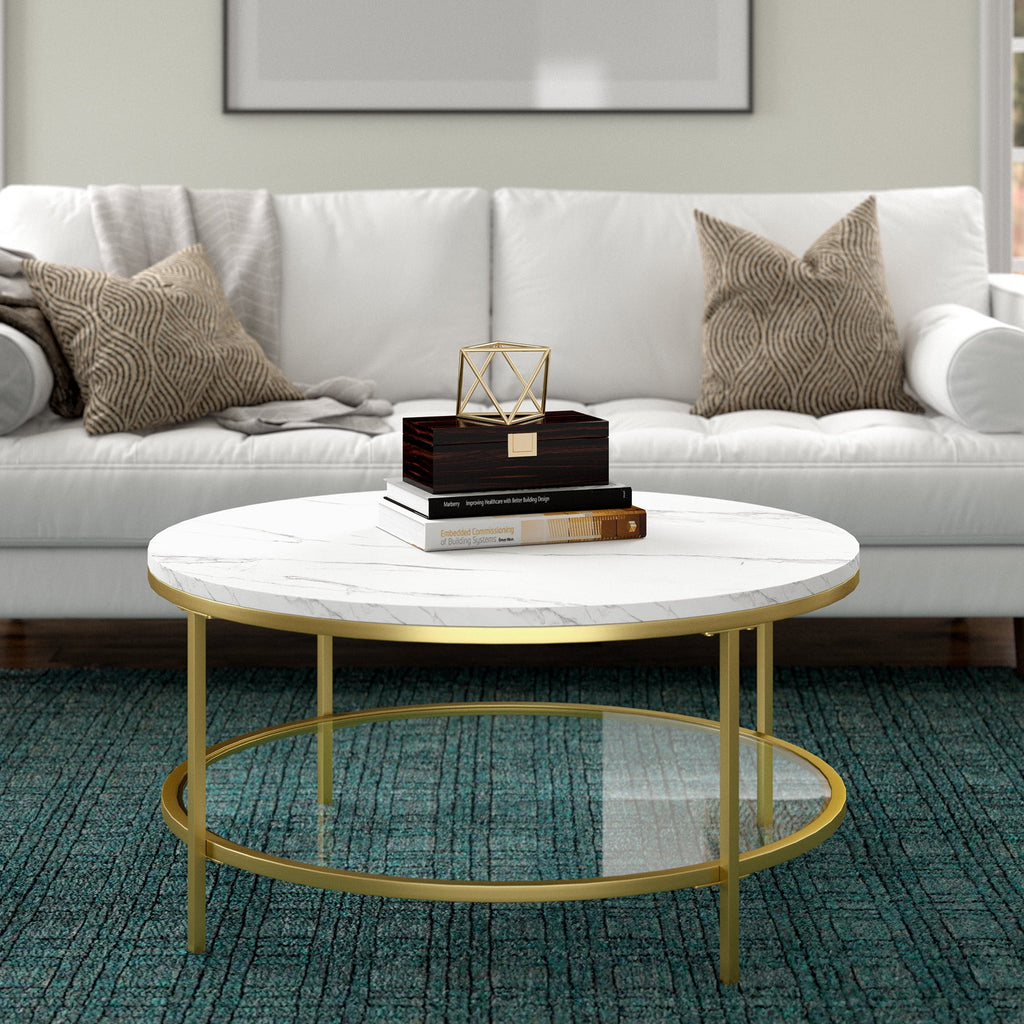 36" Wide Round Coffee Table with Faux Marble Top I57036