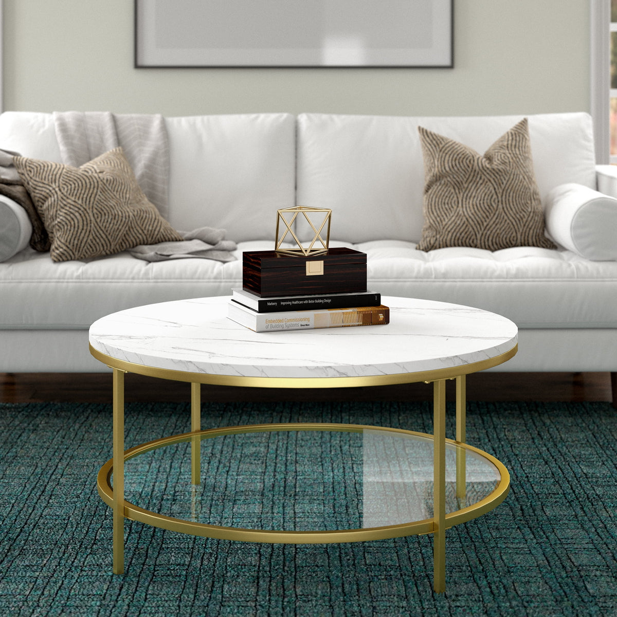 36" Wide Round Coffee Table with Faux Marble Top I57036