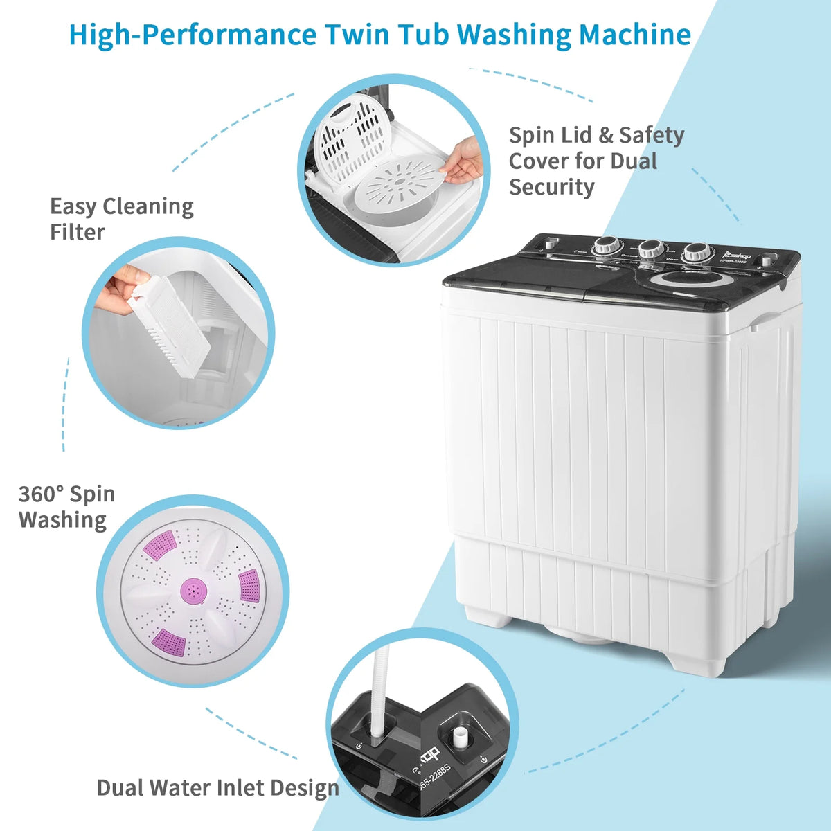Semi-automatic Twin Tub Washing Machine with Built-in Drain Pump, 26Lbs, White&Black A860