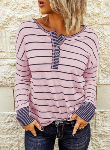 Long Sleeve Striped Button Up Tunic Shirts Loose Fit Henley Tee Blouses P697