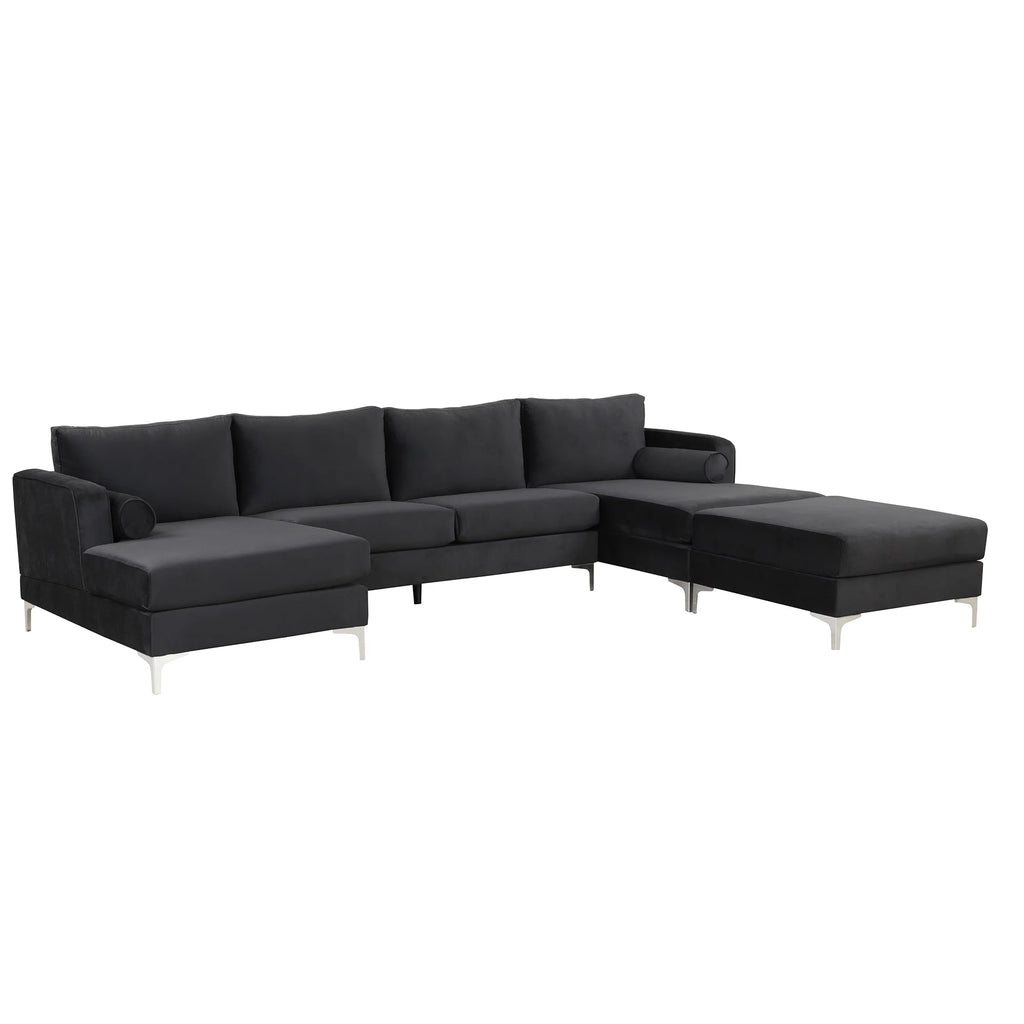 Black Velvet U-Shape Sectional Sofa with Ottoman D255