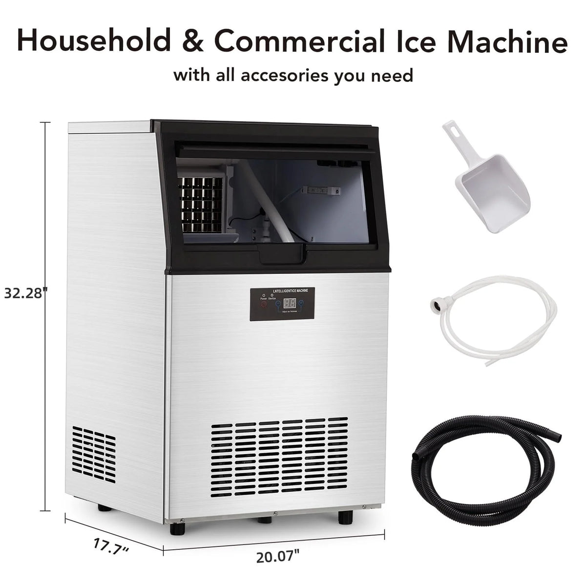 Commercial Ice Maker Machine, Under Counter, 110lbs in 24Hrs, 33lbs Storage Capacity K9593