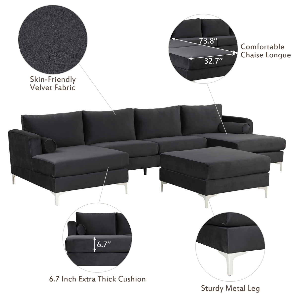 Black Velvet U-Shape Sectional Sofa with Ottoman D255