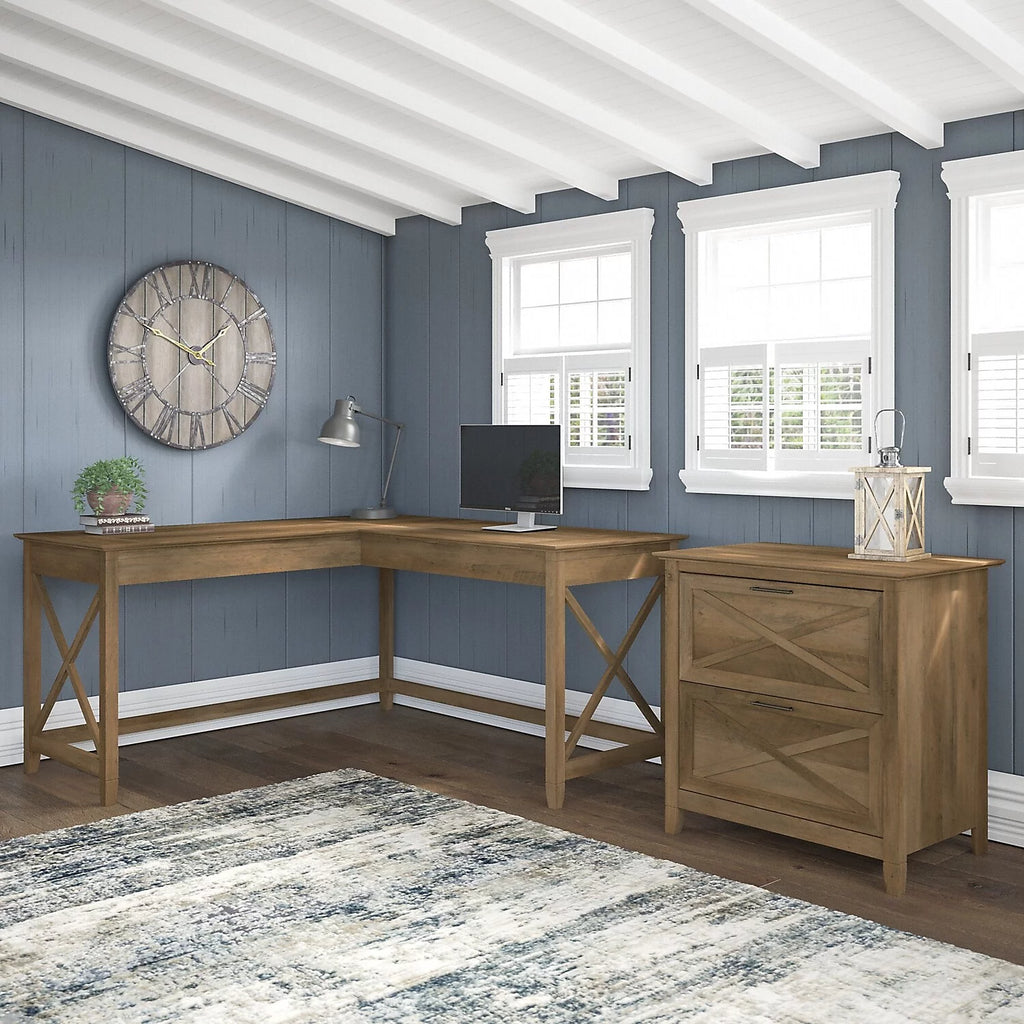 L Desk with Lateral File Cabinet in Reclaimed Pine Engineered Wood W819236