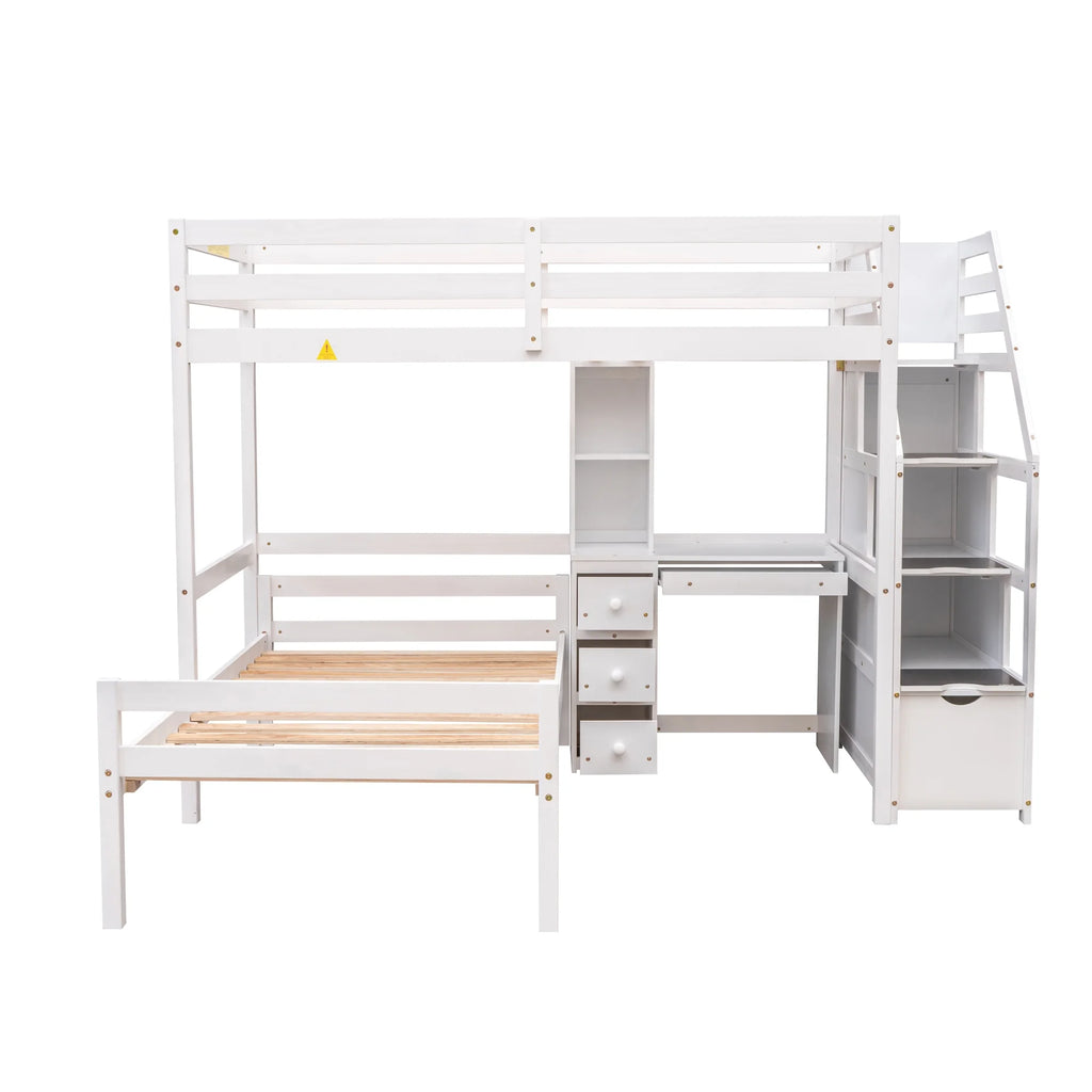 Wood Twin Bunk Loft Bed with Desk, Drawers and Shelf, White S86712