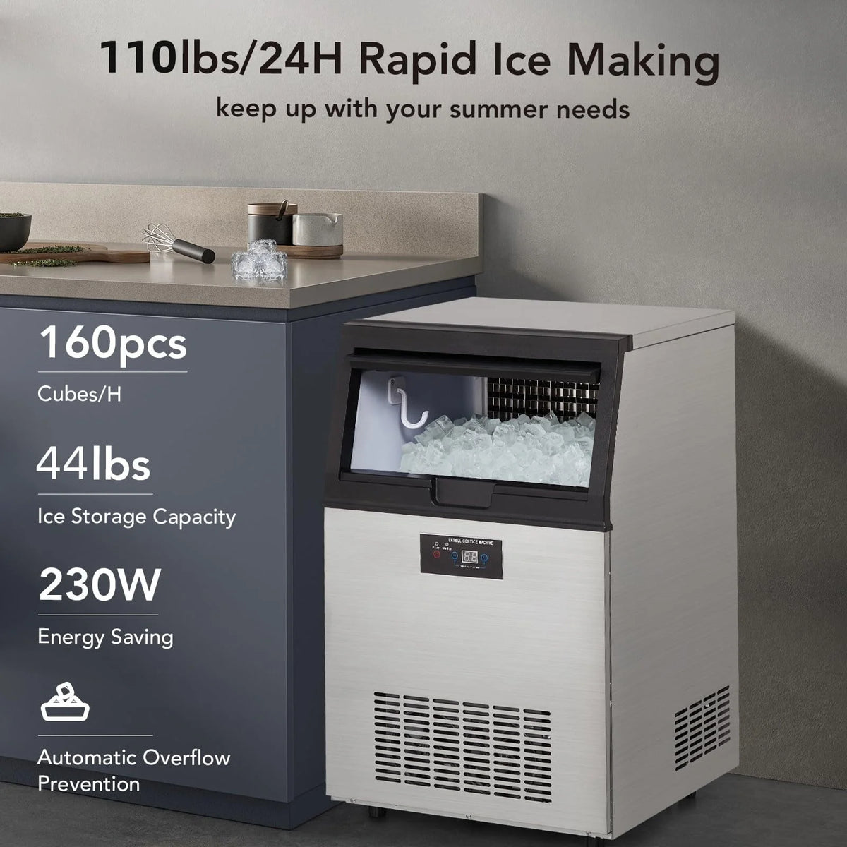 Commercial Ice Maker Machine, Under Counter, 110lbs in 24Hrs, 33lbs Storage Capacity K9593
