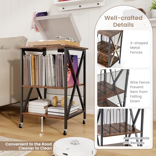 Rustic Brown Record Player Stand with Record Storage F921
