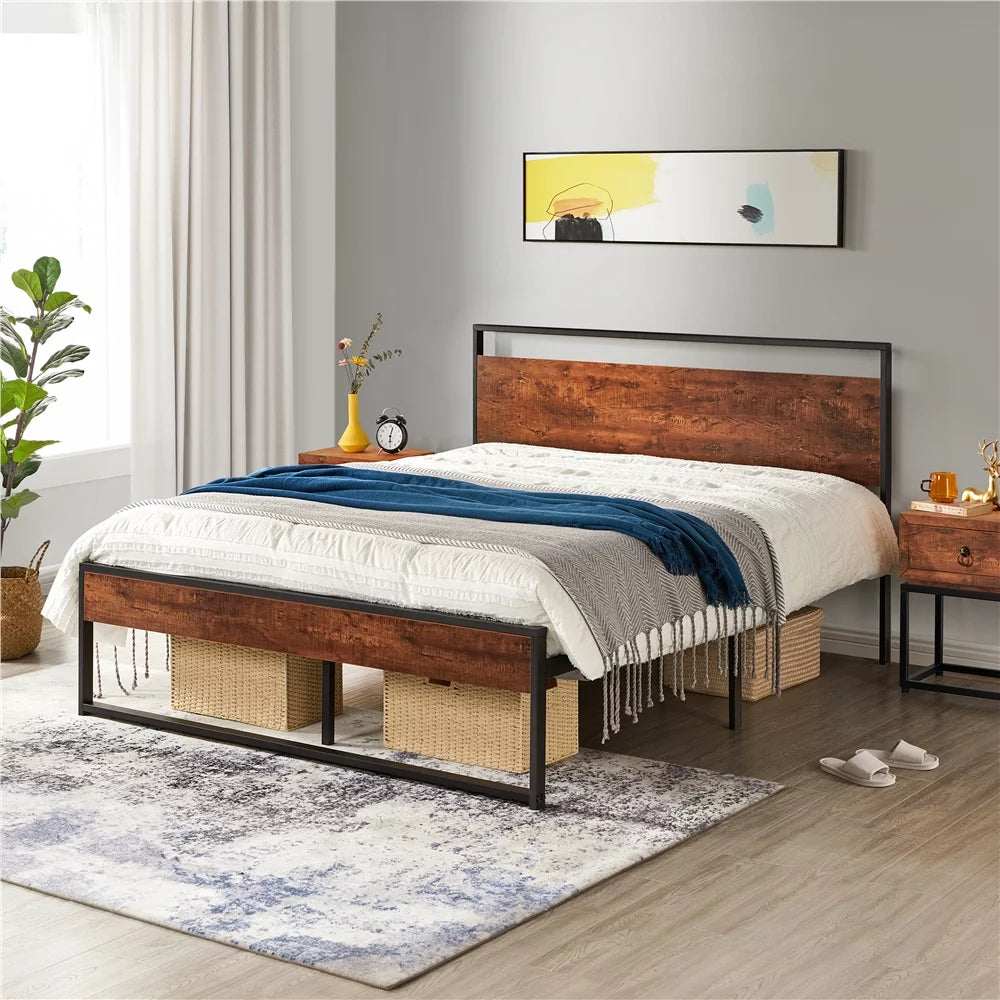 Queen Size Mahogany Metal Platform Bed with Wooden Headboard and Footboard M40770