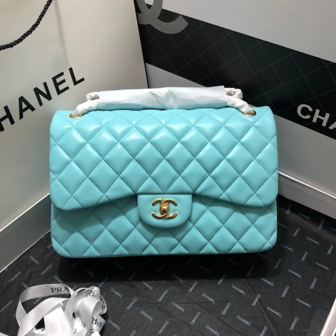 Large Classic Handbag Gold Hardware Blue 11.8in/30cm P628