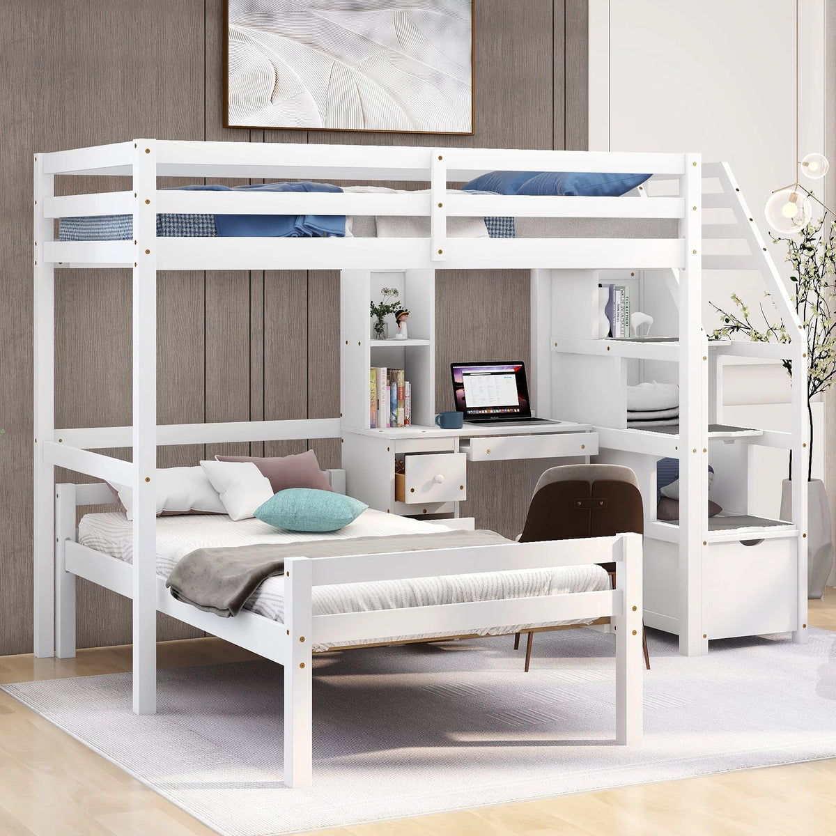 Wood Twin Bunk Loft Bed with Desk, Drawers and Shelf, White S86712