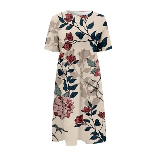 Women's Boho Floral Dress Summer Short Sleeve Flowy A Line Midi Dress Loose Casual with Pockets F296158