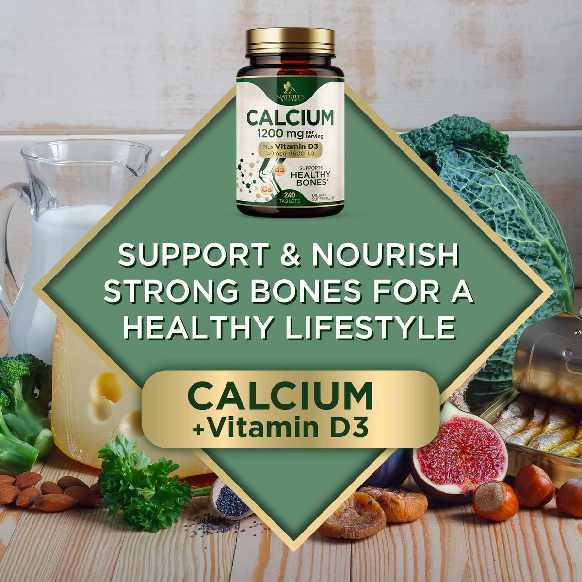 240 Tablets Calcium 1200 mg with Vitamin D3 Dietary Supplement N7780