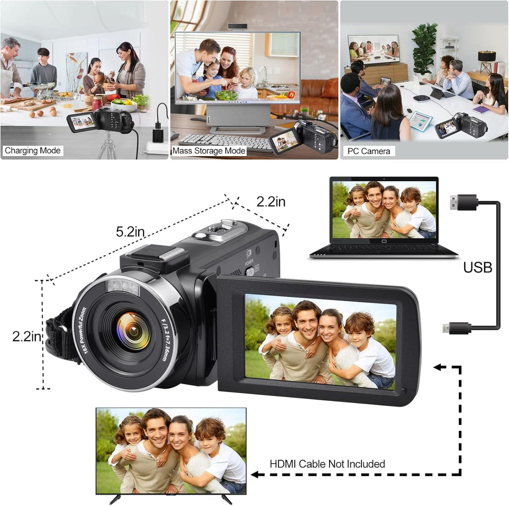 4K 48MP 3.0 Inch IPS Touch Screen Camcorder with Microphone and 2 Batteries (Black) J774