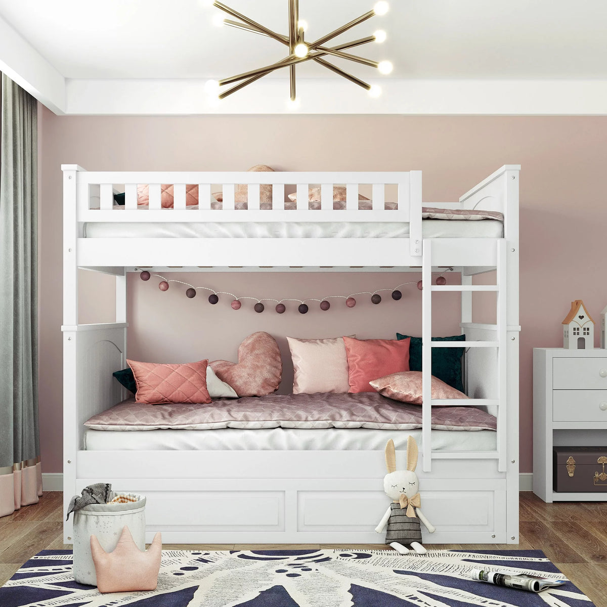 White Full Over Full Bunk Bed with Twin Size Trundle O33676