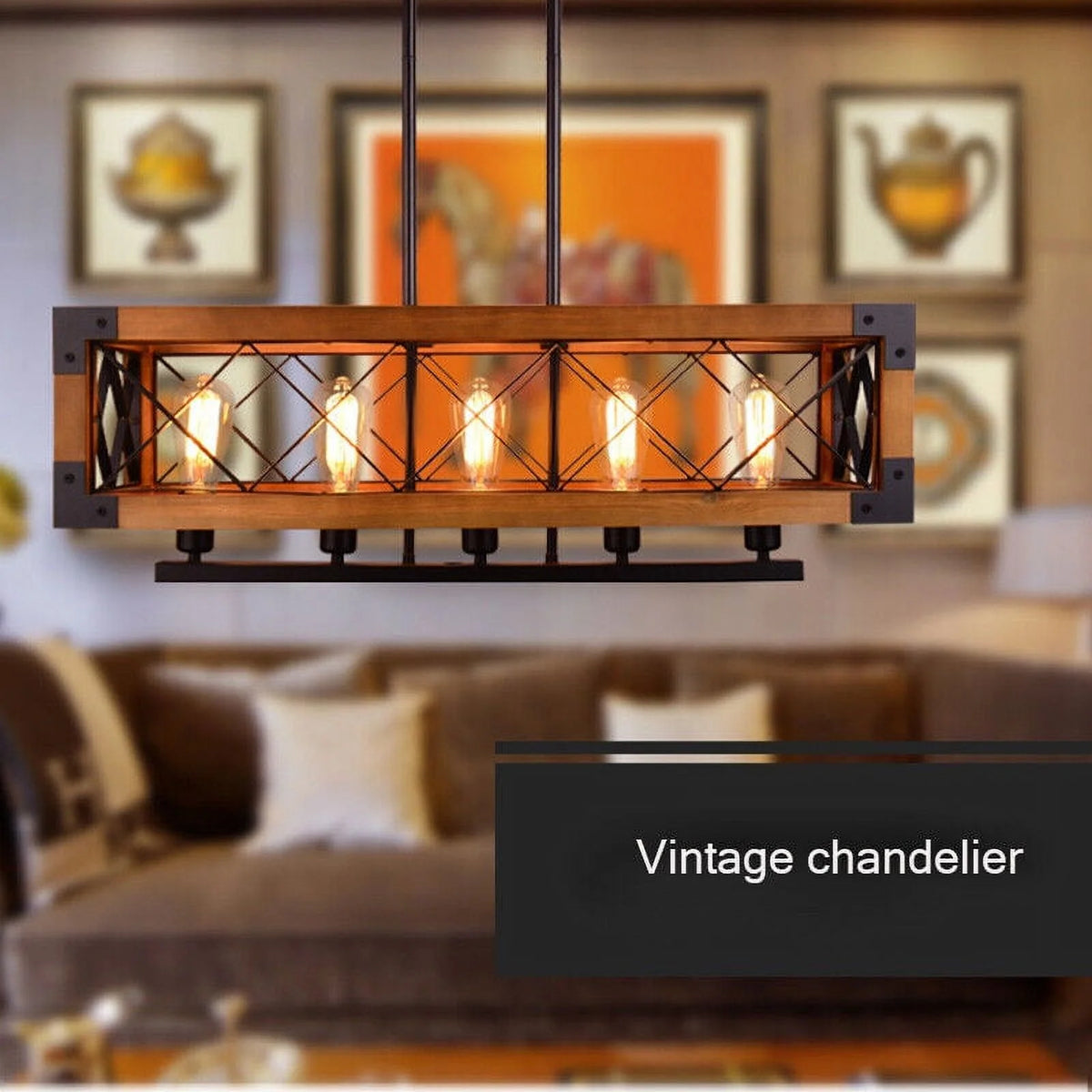 5-Lights Wooden Rectangle Pendant Light Fixture E62603