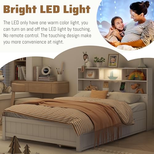 White Twin Size Platform Bed with Bookcase Headboard and 2 Storage Drawers M90206