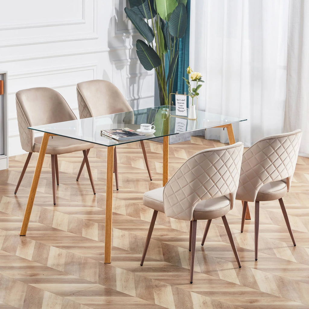 Glass Dining Table Modern Rectangular with Tempered Glass Tabletop and Black Metal Legs F32358