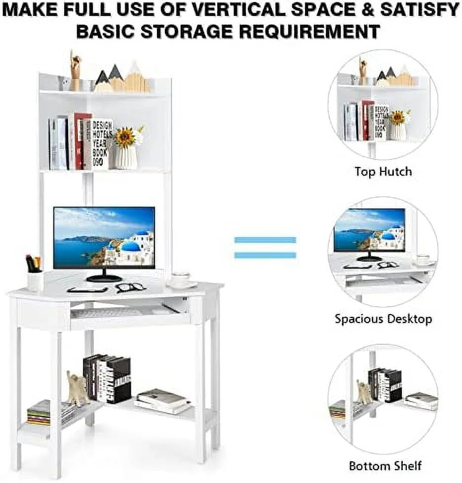 White Corner Computer Desk with Hutch and Shelves R126