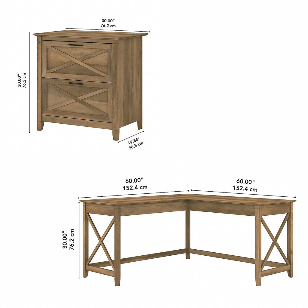 L Desk with Lateral File Cabinet in Reclaimed Pine Engineered Wood W819236