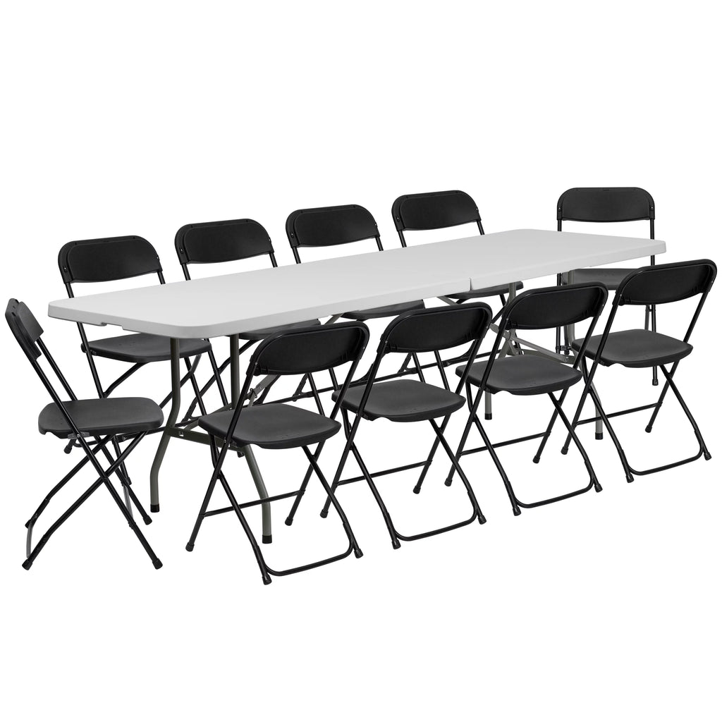 8' Bi-Fold Granite White Plastic Folding Table Set with 10 Folding Chairs C41537