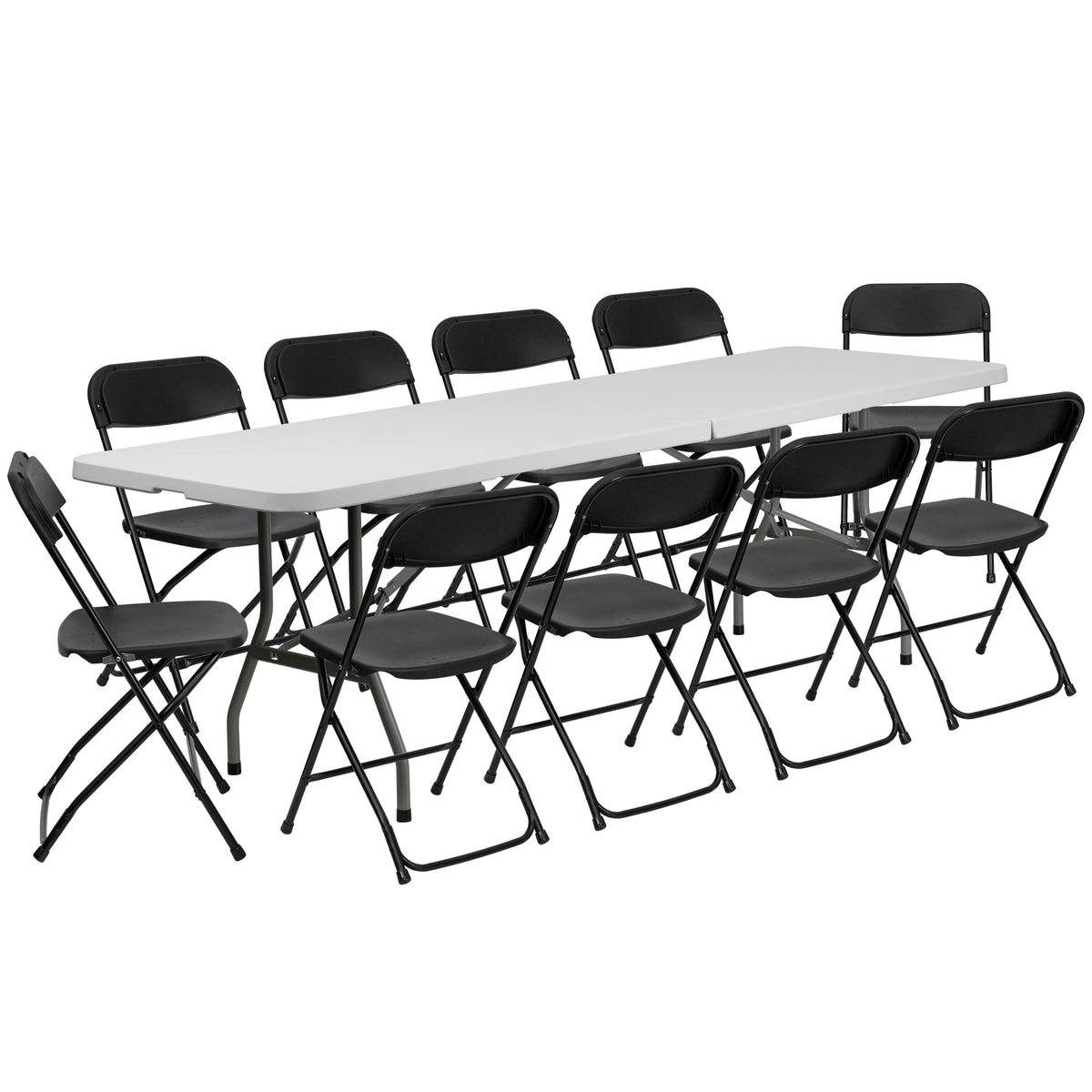 8' Bi-Fold Granite White Plastic Folding Table Set with 10 Folding Chairs C41537