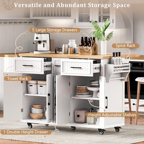 56.5" Rolling Kitchen Island with Drop Leaf, Power Outlet, 4 Doors, 5 Drawers, Black E357979