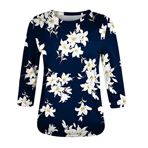 Womens 3/4 Sleeve Ethnic Floral Blouse Slim Fit Crewneck Pullover Tees J346