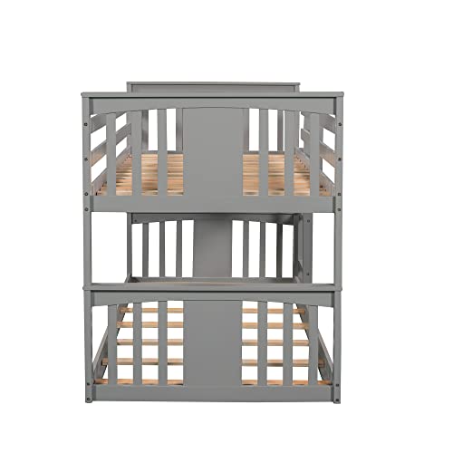 Gray Solid Wood Twin over Twin Bunk Bed with Ladder and Guard Rail V9137
