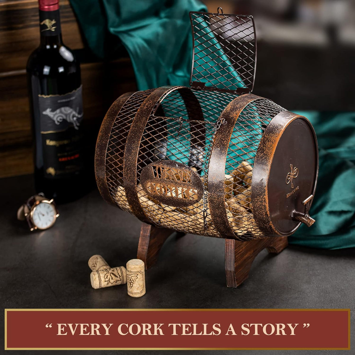 Rustic Metal Large Barrel Wine Cork Holder Display On Wooden Stand N36402