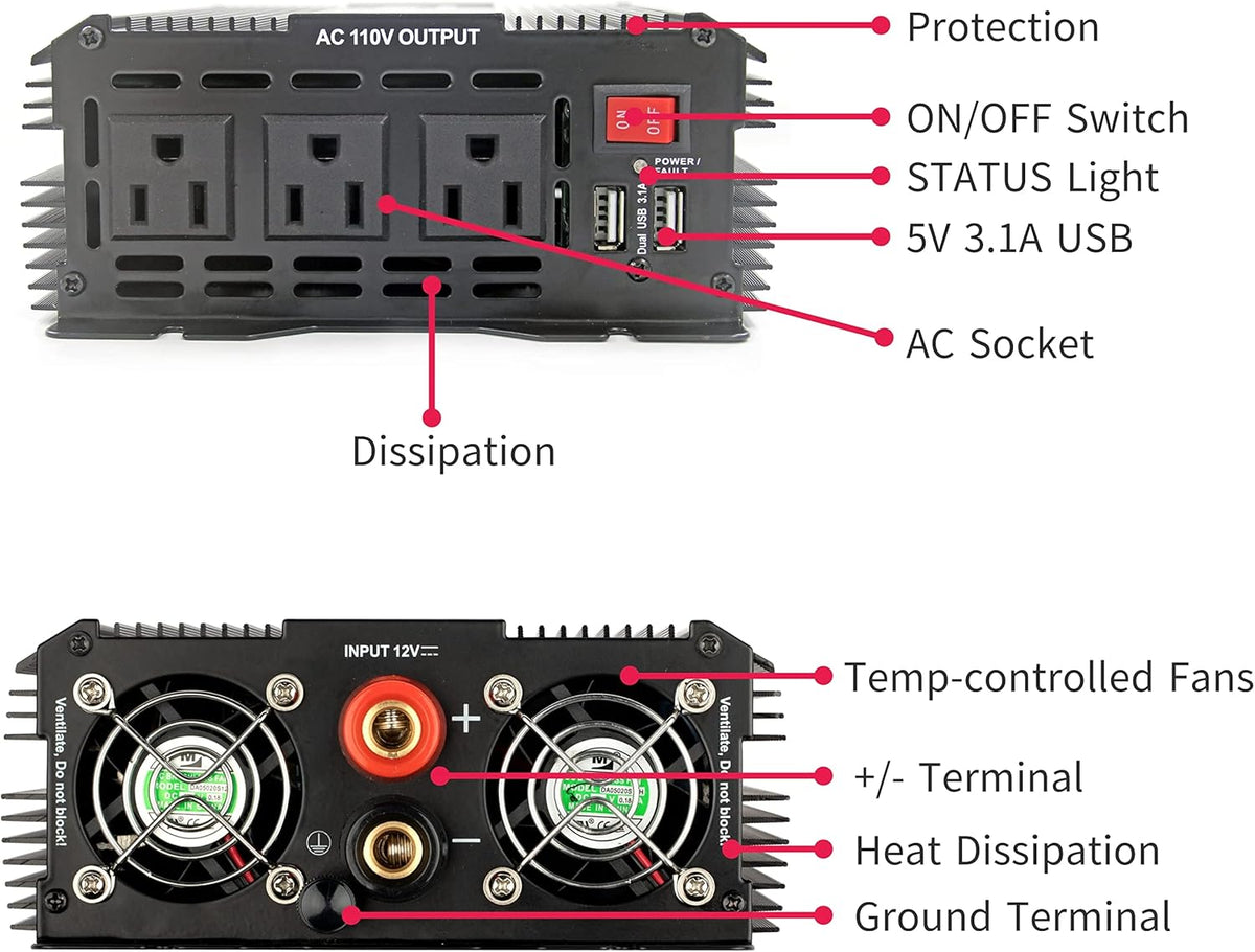 1500W Power Inverter 12v to 110v Modified Sine Wave E50620