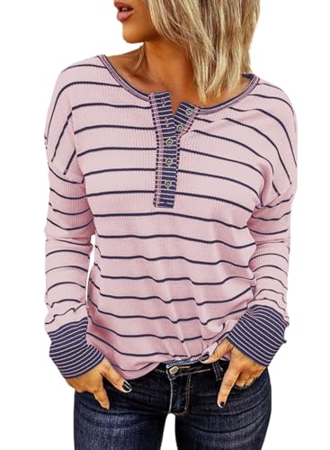 Long Sleeve Striped Button Up Tunic Shirts Loose Fit Henley Tee Blouses P697