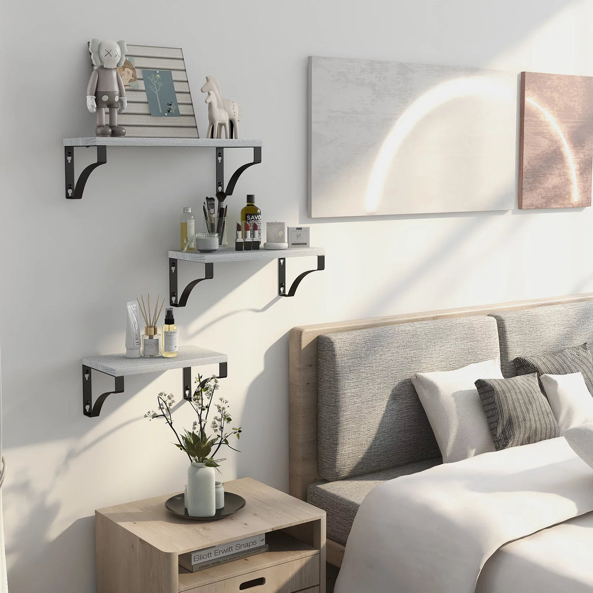Set of 3 Wall Mounted Wood Rustic Floating Shelves Q164