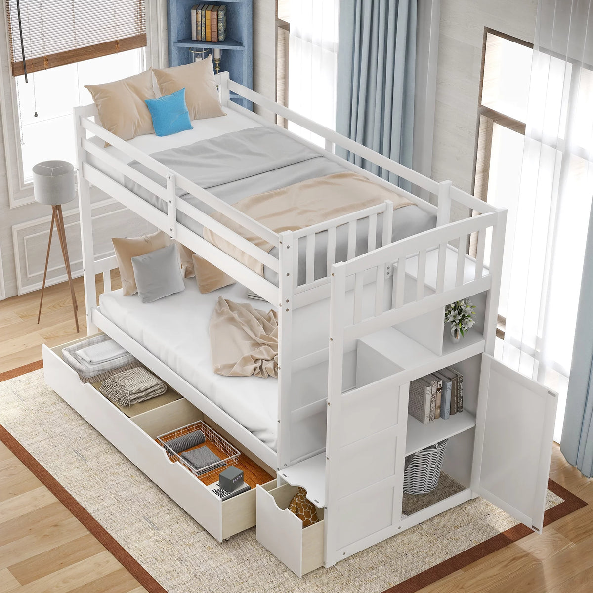 White Twin over Twin Bunk Bed with Drawer and Cabinet S698638