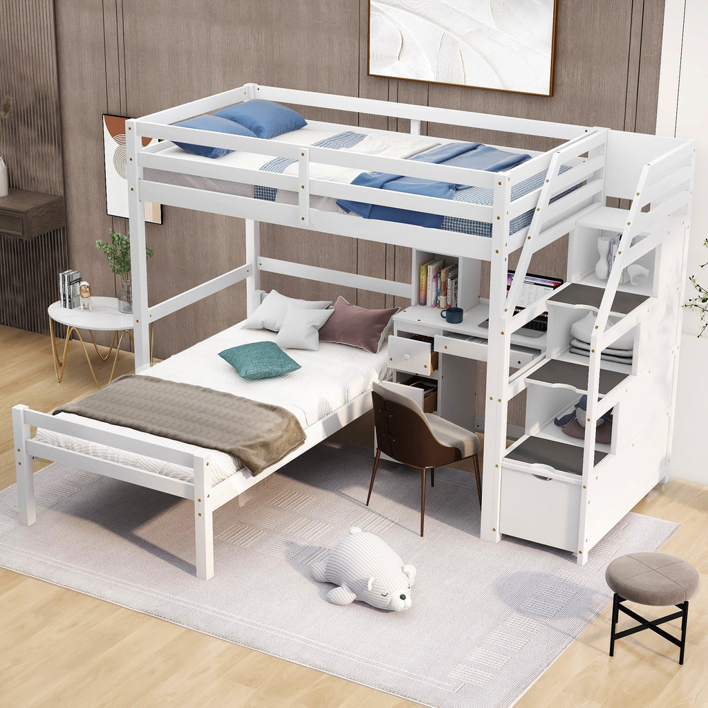 Wood Twin Bunk Loft Bed with Desk, Drawers and Shelf, White S86712