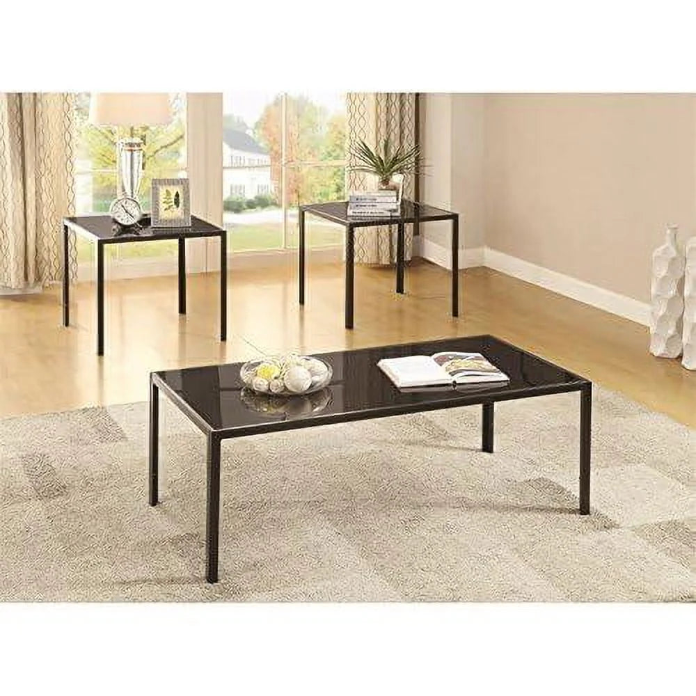 Black 3 Piece Glass Top Coffee Table Set F235