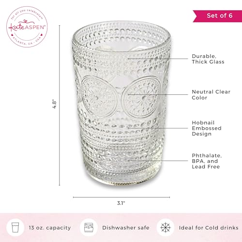 Hobnail Beaded Floral Rose Gold Drinking Glasses Set of 6, 13 oz Glassware Set U32019
