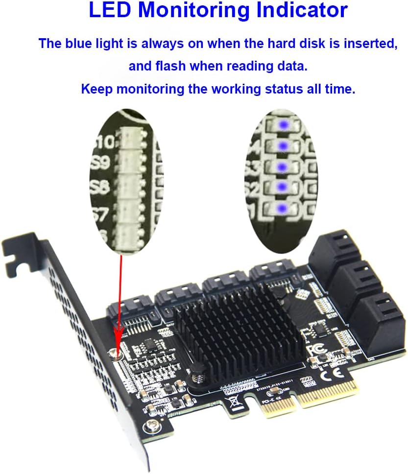 PCIe x4 to SATA 3.0 6Gbps Expansion Card with 10 SATA Cables and Low Profile Bracket T274