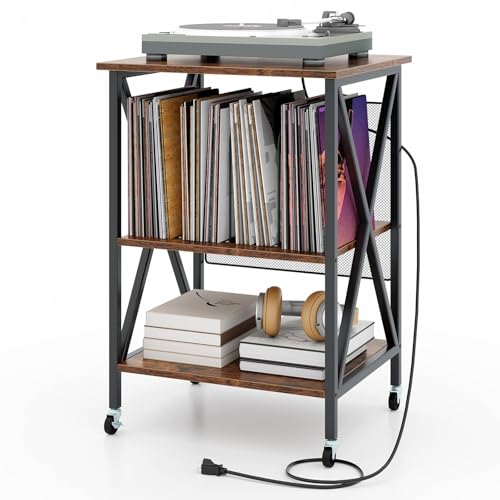 Rustic Brown Record Player Stand with Record Storage F921