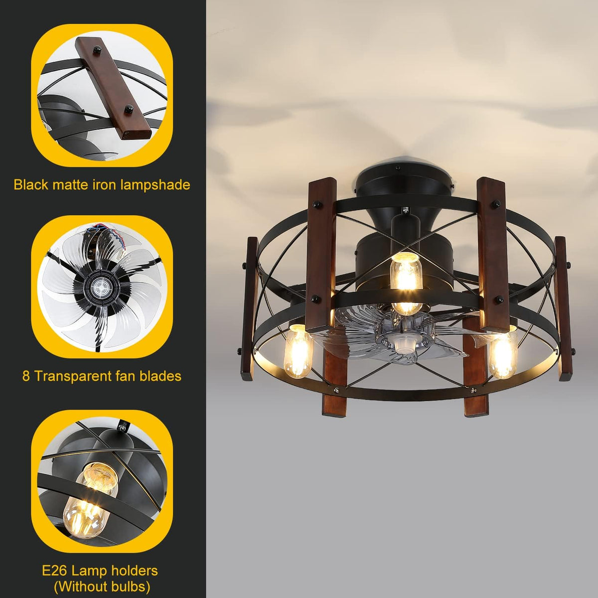 Industrial Ceiling Fan with Light Remote Control Metal Caged Wood Black Enclosed R48972