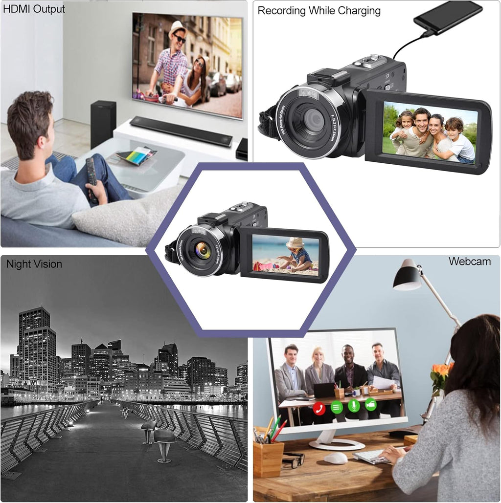 4K 48MP 3.0 Inch IPS Touch Screen Camcorder with Microphone and 2 Batteries (Black) J774