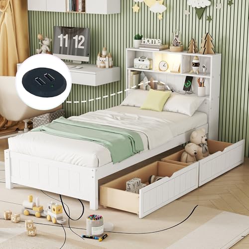 White Twin Size Platform Bed with Bookcase Headboard and 2 Storage Drawers M90206