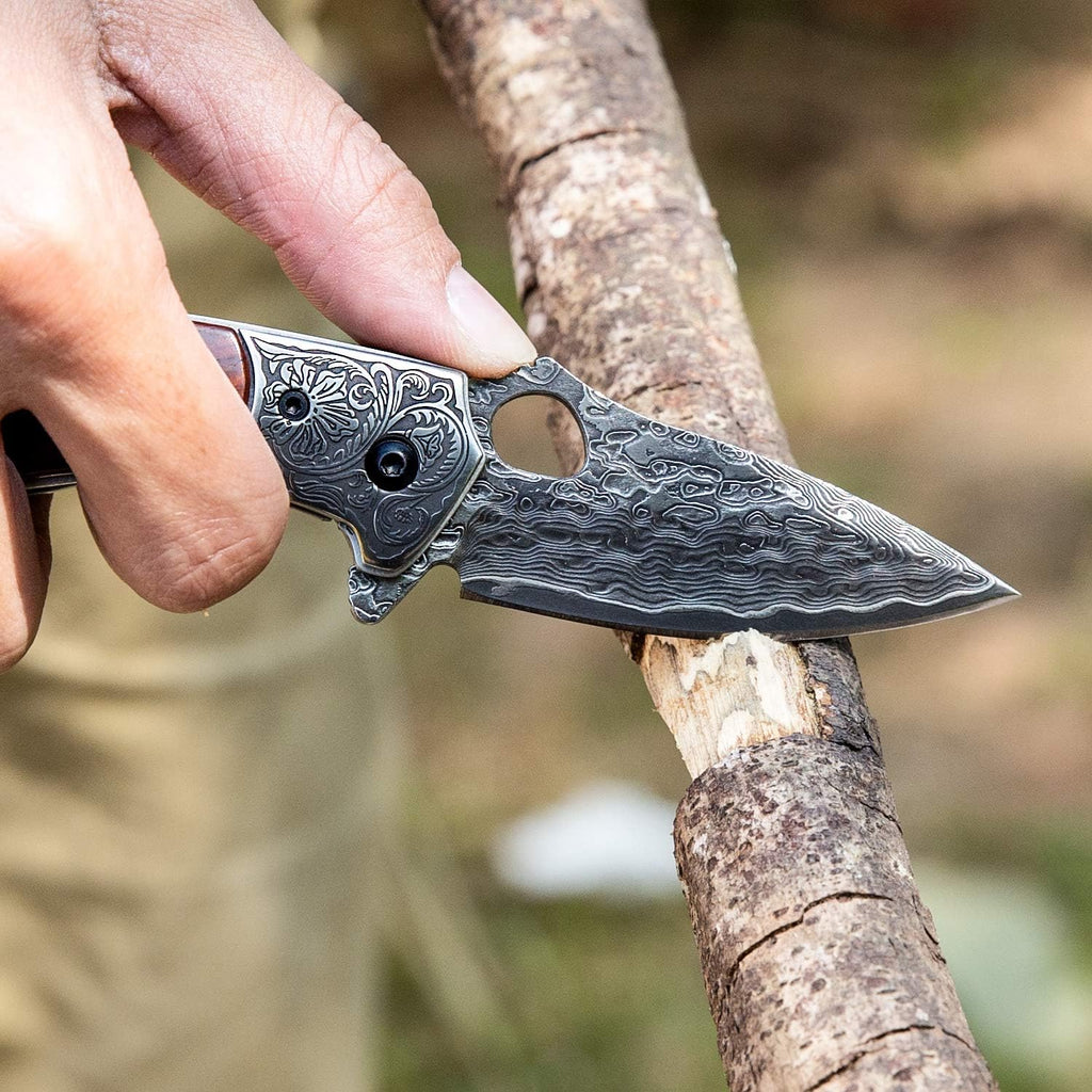 2.5in VG10 Damascus Steel Folding Pocket Knife with Rosewood Handle O3232