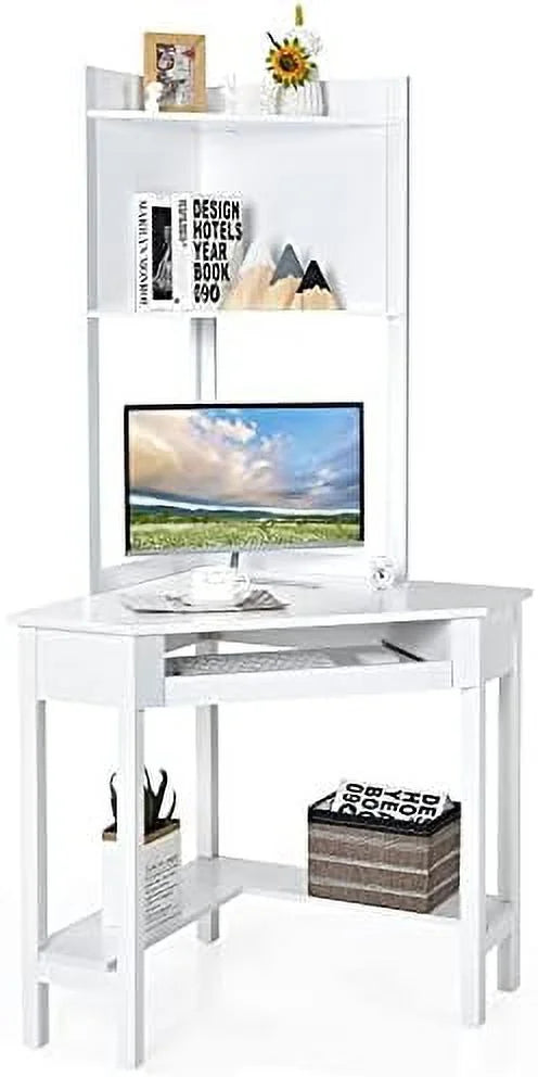White Corner Computer Desk with Hutch and Shelves R126