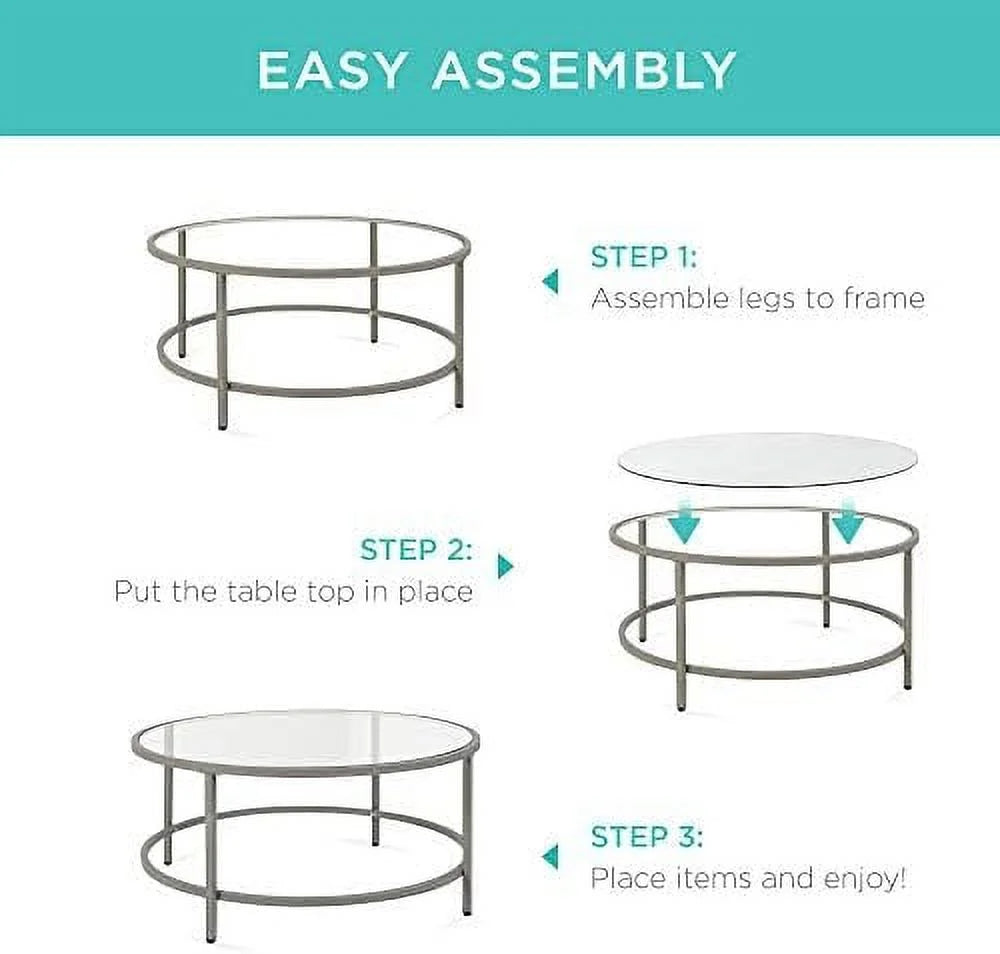 36in Round Tempered Glass Coffee Table with Metal Frame B496