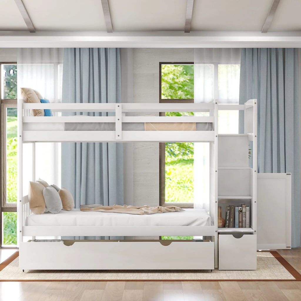 White Twin over Twin Bunk Bed with Drawer and Cabinet S698638